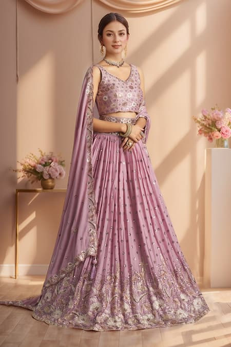 Shop_Samyukta Singhania_Lilac Polyester Sequins, Stones, Embroidery Zari Floral Vine Lehenga Set _Online_at_Aza_Fashions