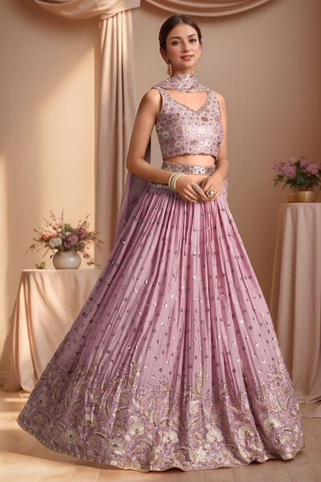 Samyukta Singhania_Lilac Polyester Sequins, Stones, Embroidery Zari Floral Vine Lehenga Set _at_Aza_Fashions