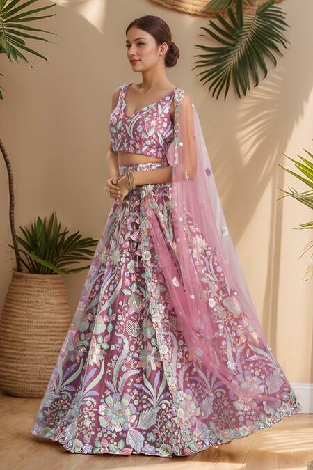 Buy Samyukta Singhania Pink Net, Linen Sequins, Stones, Applique Floral Embroidered Lehenga Set Online at Aza Fashions Buy_Samyukta Singhania_Pink Net, Linen Sequins, Stones, Applique Floral Embroidered Lehenga Set_Online_at_Aza_Fashions
