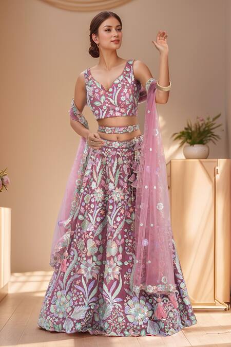 Shop Samyukta Singhania Pink Net, Linen Sequins, Stones, Applique Floral Embroidered Lehenga Set Online at Aza Fashions Shop_Samyukta Singhania_Pink Net, Linen Sequins, Stones, Applique Floral Embroidered Lehenga Set_Online_at_Aza_Fashions