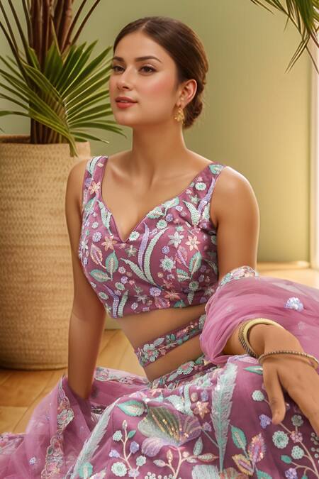 Samyukta Singhania Pink Net, Linen Sequins, Stones, Applique Floral Embroidered Lehenga Set at Aza Fashions Samyukta Singhania_Pink Net, Linen Sequins, Stones, Applique Floral Embroidered Lehenga Set_at_Aza_Fashions