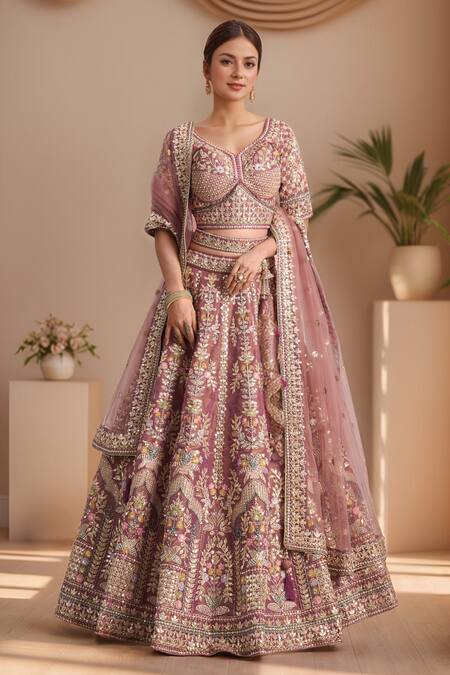 Shop_Samyukta Singhania_Purple Tissue, Net Sequins, Stones, Floral Geometric Embroidered Lehenga Set _Online_at_Aza_Fashions