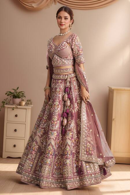 Samyukta Singhania_Purple Tissue, Net Sequins, Stones, Floral Geometric Embroidered Lehenga Set _at_Aza_Fashions