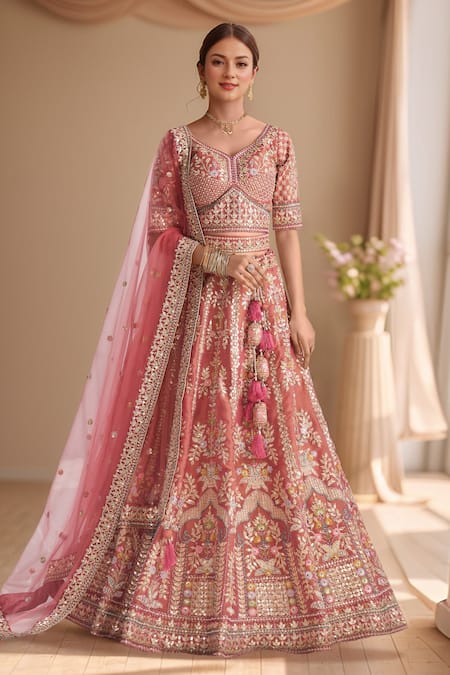 Samyukta Singhania_Rose Gold Tissue, Net Sequins Zari Embroidered Mughal Bridal Lehenga Set _Online_at_Aza_Fashions