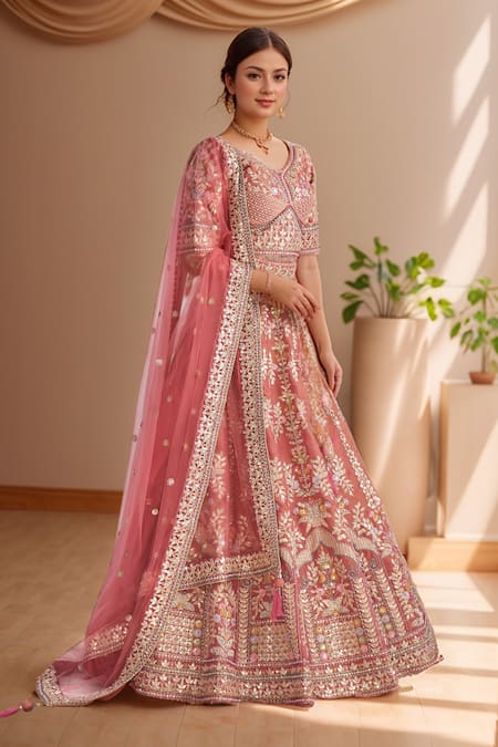 Shop_Samyukta Singhania_Rose Gold Tissue, Net Sequins Zari Embroidered Mughal Bridal Lehenga Set _Online_at_Aza_Fashions