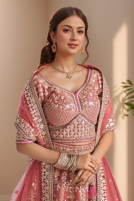 Samyukta Singhania_Rose Gold Tissue, Net Sequins Zari Embroidered Mughal Bridal Lehenga Set _at_Aza_Fashions