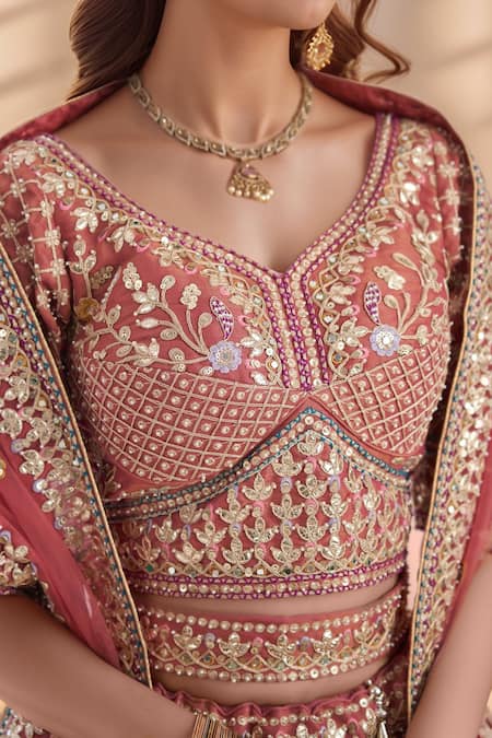 Buy_Samyukta Singhania_Rose Gold Tissue, Net Sequins Zari Embroidered Mughal Bridal Lehenga Set 