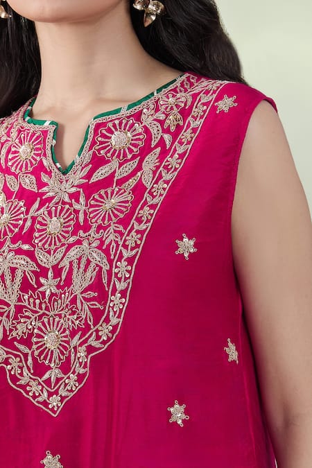 Maison Shefali_Pink Chanderi Silk, Modal Zari, Embroidery Round Neck Floral Zardozi Kurta Set _Online_at_Aza_Fashions
