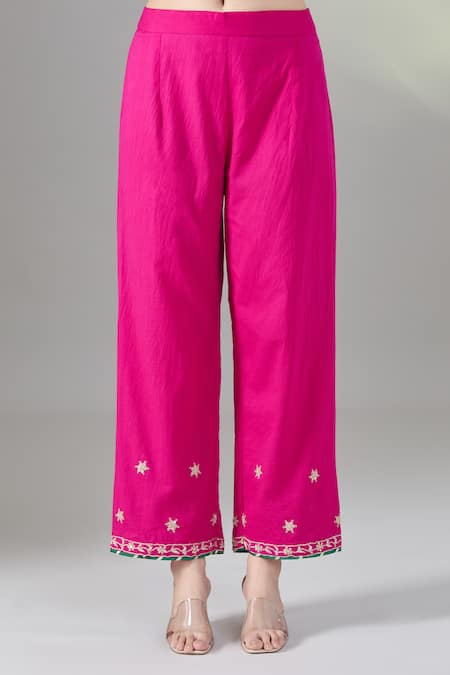 Buy_Maison Shefali_Pink Chanderi Silk, Modal Zari, Embroidery Round Neck Floral Zardozi Kurta Set _Online_at_Aza_Fashions