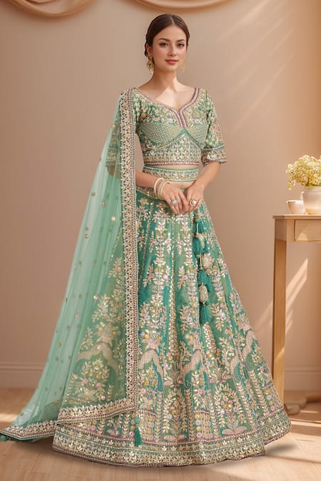 Buy_Samyukta Singhania_Green Tissue, Net Sequins, Stones, Embroidery Mughal Zari Lehenga Set _Online_at_Aza_Fashions