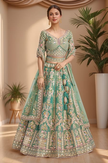 Shop_Samyukta Singhania_Green Tissue, Net Sequins, Stones, Embroidery Mughal Zari Lehenga Set _Online_at_Aza_Fashions