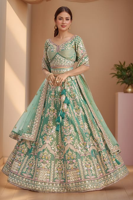 Samyukta Singhania_Green Tissue, Net Sequins, Stones, Embroidery Mughal Zari Lehenga Set _at_Aza_Fashions