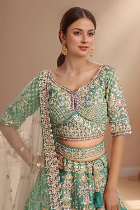 Buy_Samyukta Singhania_Green Tissue, Net Sequins, Stones, Embroidery Mughal Zari Lehenga Set 