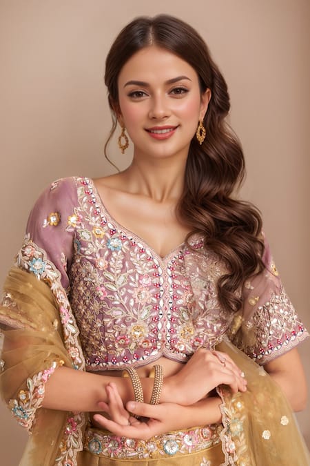 Buy Samyukta Singhania Rose Gold Tissue, Net Sequins, Stones, Embroidery Boat Floral Jaali Lehenga Set Online at Aza Fashions Buy_Samyukta Singhania_Rose Gold Tissue, Net Sequins, Stones, Embroidery Boat Floral Jaali Lehenga Set_Online_at_Aza_Fashions