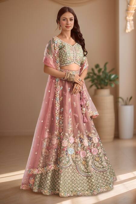 Samyukta Singhania_Green Tissue, Net Sequins, Stones, Zari Ombre Floral Embroidered Lehenga Set_Online_at_Aza_Fashions