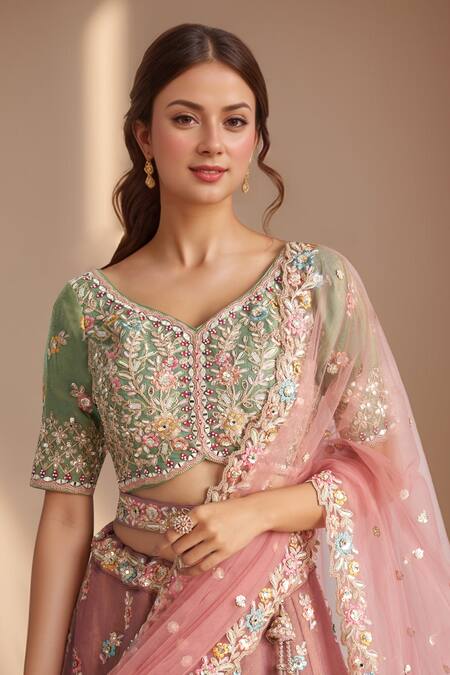 Samyukta Singhania_Green Tissue, Net Sequins, Stones, Zari Ombre Floral Embroidered Lehenga Set_at_Aza_Fashions