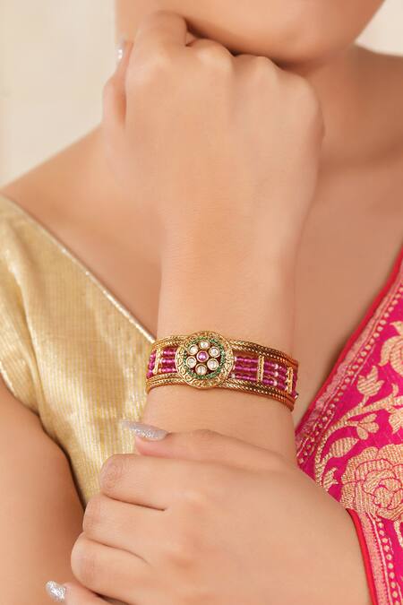 Smars Jewelry_Gold Plated Beads, Stones Ruby Embellished Designer Bracelet_Online_at_Aza_Fashions