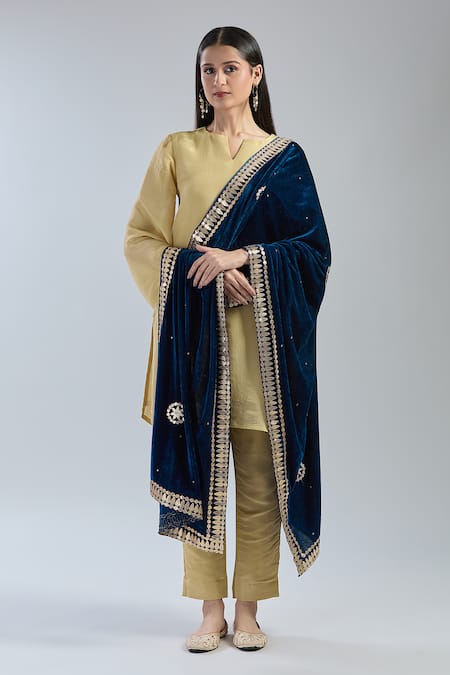 Shop_Naintara Bajaj_Blue Velvet Beads, Stones, Embroidery Floral Dupatta _at_Aza_Fashions