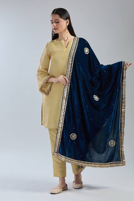 Naintara Bajaj_Blue Velvet Beads, Stones, Embroidery Floral Dupatta _Online_at_Aza_Fashions