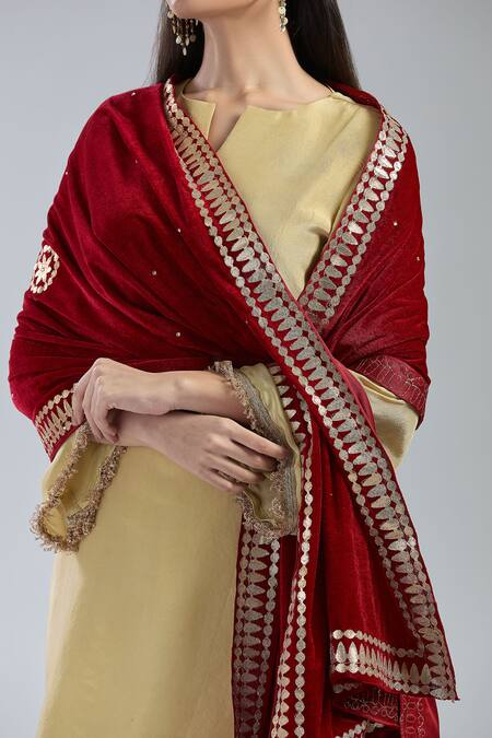 Shop_Naintara Bajaj_Maroon Velvet Beads, Stones Floral Embroidered Dupatta _Online_at_Aza_Fashions
