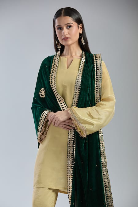 Naintara Bajaj_Green Velvet Beads, Stones Bottle Floral Embroidered Dupatta _Online_at_Aza_Fashions