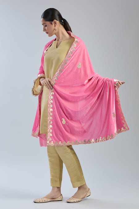 Shop_Naintara Bajaj_Pink Velvet Gota Patti Embroidered Dupatta _at_Aza_Fashions