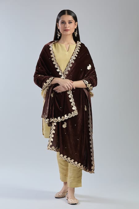 Shop_Naintara Bajaj_Brown Velvet Embroidery Gota Patti Paisley Dupatta _at_Aza_Fashions