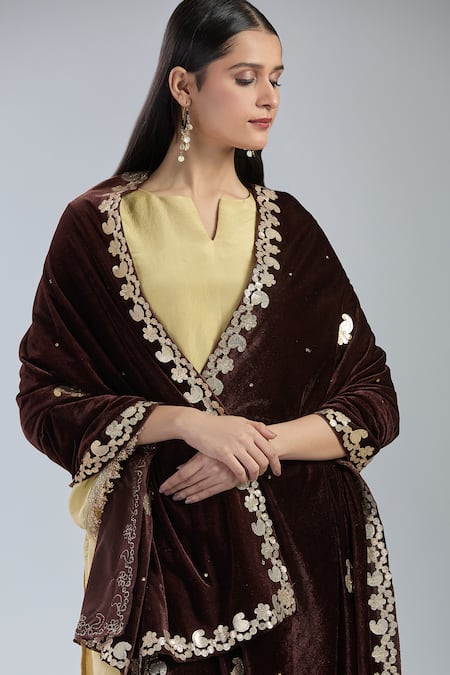 Shop_Naintara Bajaj_Brown Velvet Embroidery Gota Patti Paisley Dupatta _Online_at_Aza_Fashions
