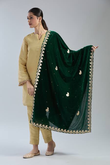Naintara Bajaj Green Velvet Embroidery Paisley Gota Patti Dupatta Online at Aza Fashions Naintara Bajaj_Green Velvet Embroidery Paisley Gota Patti Dupatta _Online_at_Aza_Fashions