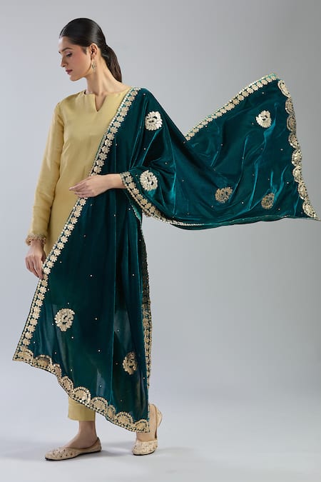 Shop Naintara Bajaj Green Velvet Gota Patti, Embroidery Dupatta at Aza Fashions Shop_Naintara Bajaj_Green Velvet Gota Patti, Embroidery Dupatta _at_Aza_Fashions