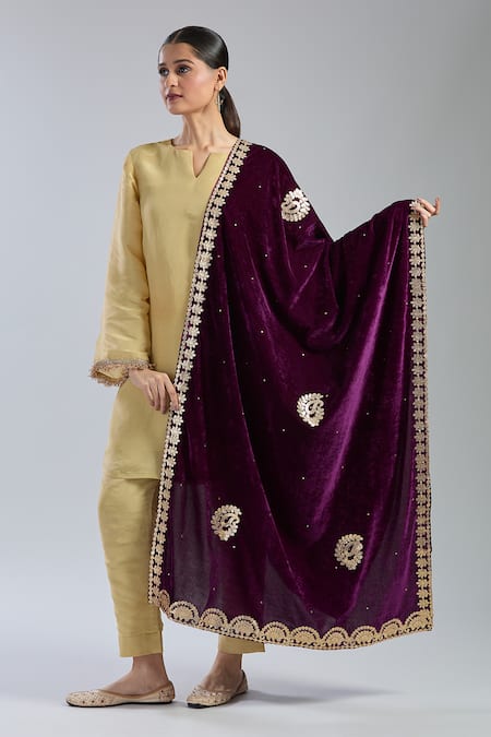Naintara Bajaj_Wine Velvet Gota Patti, Embroidery Dupatta _Online_at_Aza_Fashions