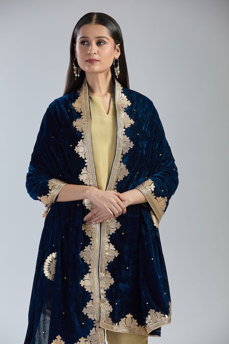 Shop_Naintara Bajaj_Blue Velvet Gota Patti Embroidered Dupatta _Online_at_Aza_Fashions