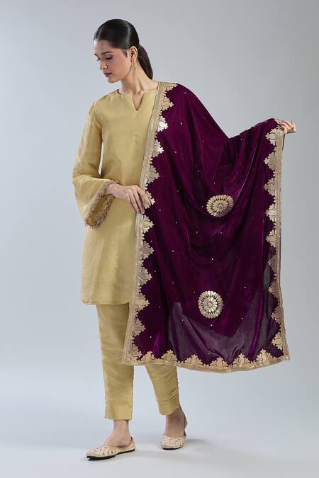 Shop Naintara Bajaj Wine Velvet Gota Patti Mandala Embroidered Dupatta Online at Aza Fashions Shop_Naintara Bajaj_Wine Velvet Gota Patti Mandala Embroidered Dupatta _Online_at_Aza_Fashions