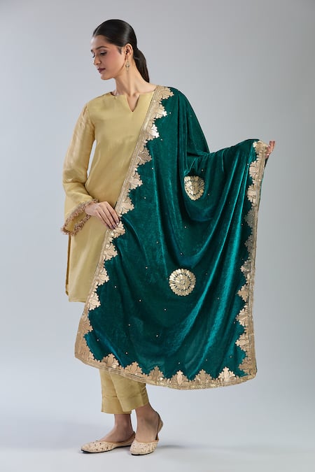 Shop_Naintara Bajaj_Green Velvet Gota Patti, Embroidery Mandala Butti Dupatta_Online_at_Aza_Fashions