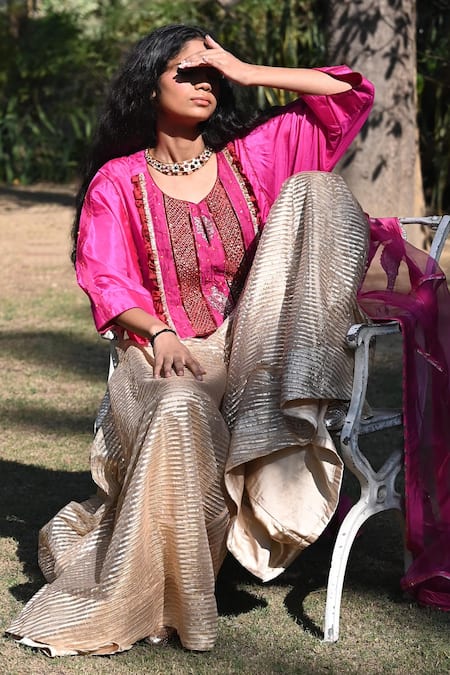 Shorshe Clothing_Pink Silk, Satin, Gingham Sequins, Beads, Embellished Kurta Set With Gharara_Online_at_Aza_Fashions
