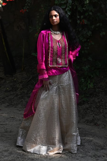 Shorshe Clothing_Pink Silk, Satin, Gingham Sequins, Beads, Embellished Kurta Set With Gharara_at_Aza_Fashions