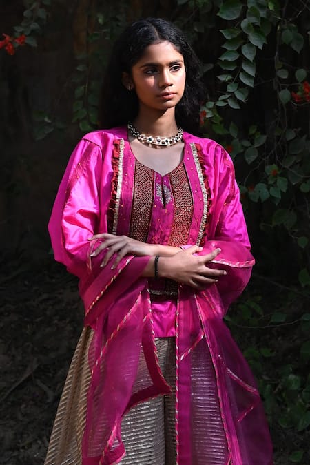 Buy_Shorshe Clothing_Pink Silk, Satin, Gingham Sequins, Beads, Embellished Kurta Set With Gharara
