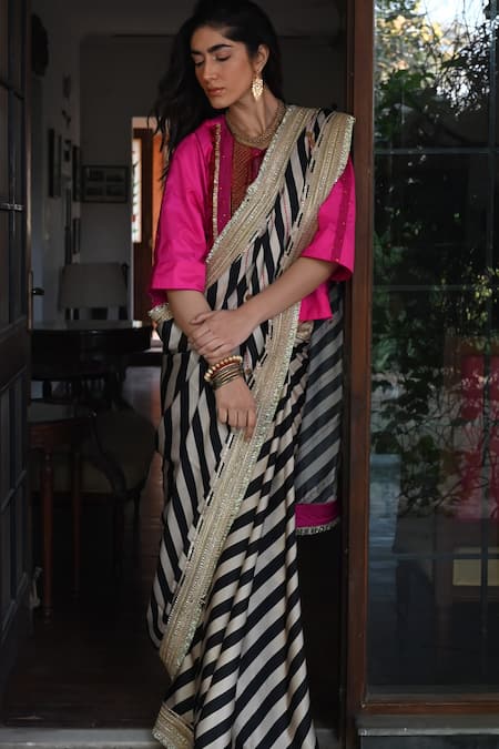 Shop_Shorshe Clothing_Black Satin, Silk Sequins, Tassels Beige And Striped Gota Lace Saree _at_Aza_Fashions
