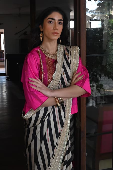 Shorshe Clothing_Black Satin, Silk Sequins, Tassels Beige And Striped Gota Lace Saree _Online_at_Aza_Fashions
