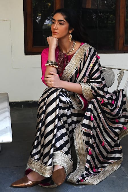 Buy_Shorshe Clothing_Black Satin, Silk Sequins, Tassels Beige And Striped Gota Lace Saree _Online_at_Aza_Fashions