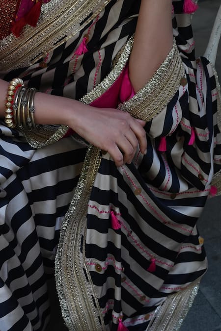 Shop_Shorshe Clothing_Black Satin, Silk Sequins, Tassels Beige And Striped Gota Lace Saree _Online_at_Aza_Fashions