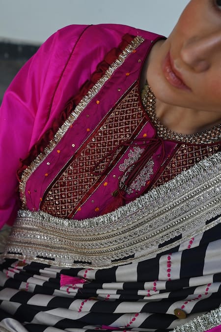 Shorshe Clothing_Black Satin, Silk Sequins, Tassels Beige And Striped Gota Lace Saree _at_Aza_Fashions