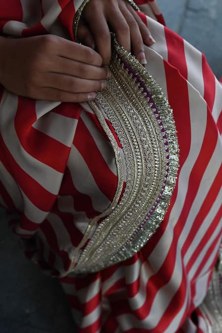 Shorshe Clothing_Red Satin, Silk Gota Patti, Sequins Beige And Striped Lace Saree _Online_at_Aza_Fashions