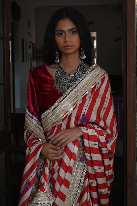 Buy_Shorshe Clothing_Red Satin, Silk Gota Patti, Sequins Beige And Striped Lace Saree _Online_at_Aza_Fashions