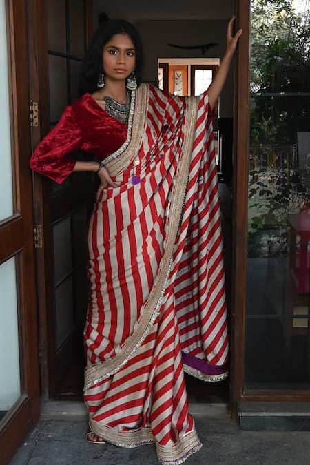 Shop_Shorshe Clothing_Red Satin, Silk Gota Patti, Sequins Beige And Striped Lace Saree _Online_at_Aza_Fashions