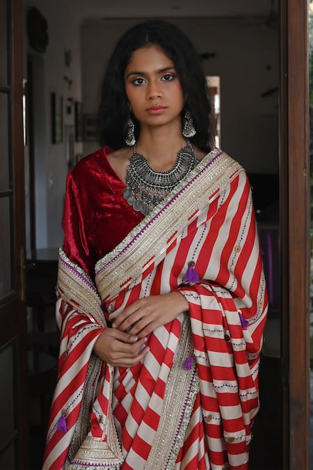 Shorshe Clothing_Red Velvet V-neck Long Blouse_Online_at_Aza_Fashions