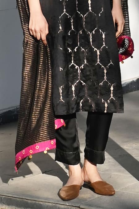 Shorshe Clothing_Black Chanderi, Handloom Cotton Beads Coin Embellished Woven Dupatta_Online_at_Aza_Fashions