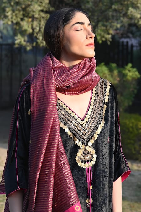 Shorshe Clothing_Purple Chanderi Woven Coin Embellished Dupatta_Online_at_Aza_Fashions