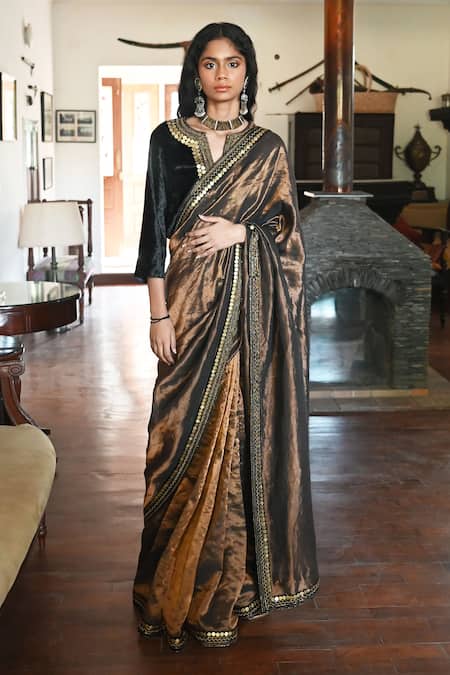 Shorshe Clothing_Black Velvet Sequins, Beads Open Neck Embroidered Long Blouse_Online_at_Aza_Fashions