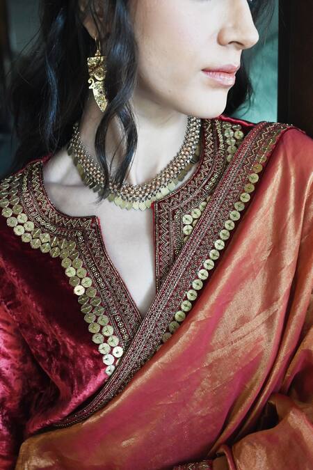 Shorshe Clothing_Red Velvet Sequins, Beads Split V-neck Long Blouse_Online_at_Aza_Fashions